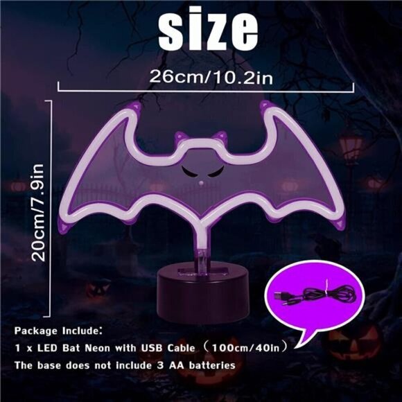 Purple Bat Neon Sign Base Halloween Decoration LED Bat Neon Light Signs Indoor - Picture 4 of 7